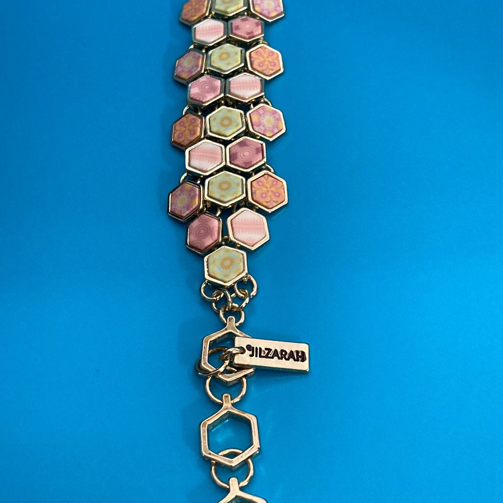 Jilzarah Gold-Tone Toggle Bracelet With Pink Hexagon Design - Spring Colors!